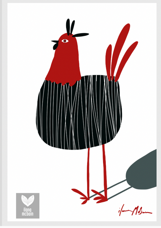 Stylised red and black chicken named Bossy, contemporary kitchen wall art by Australian artist Ilana McBain.