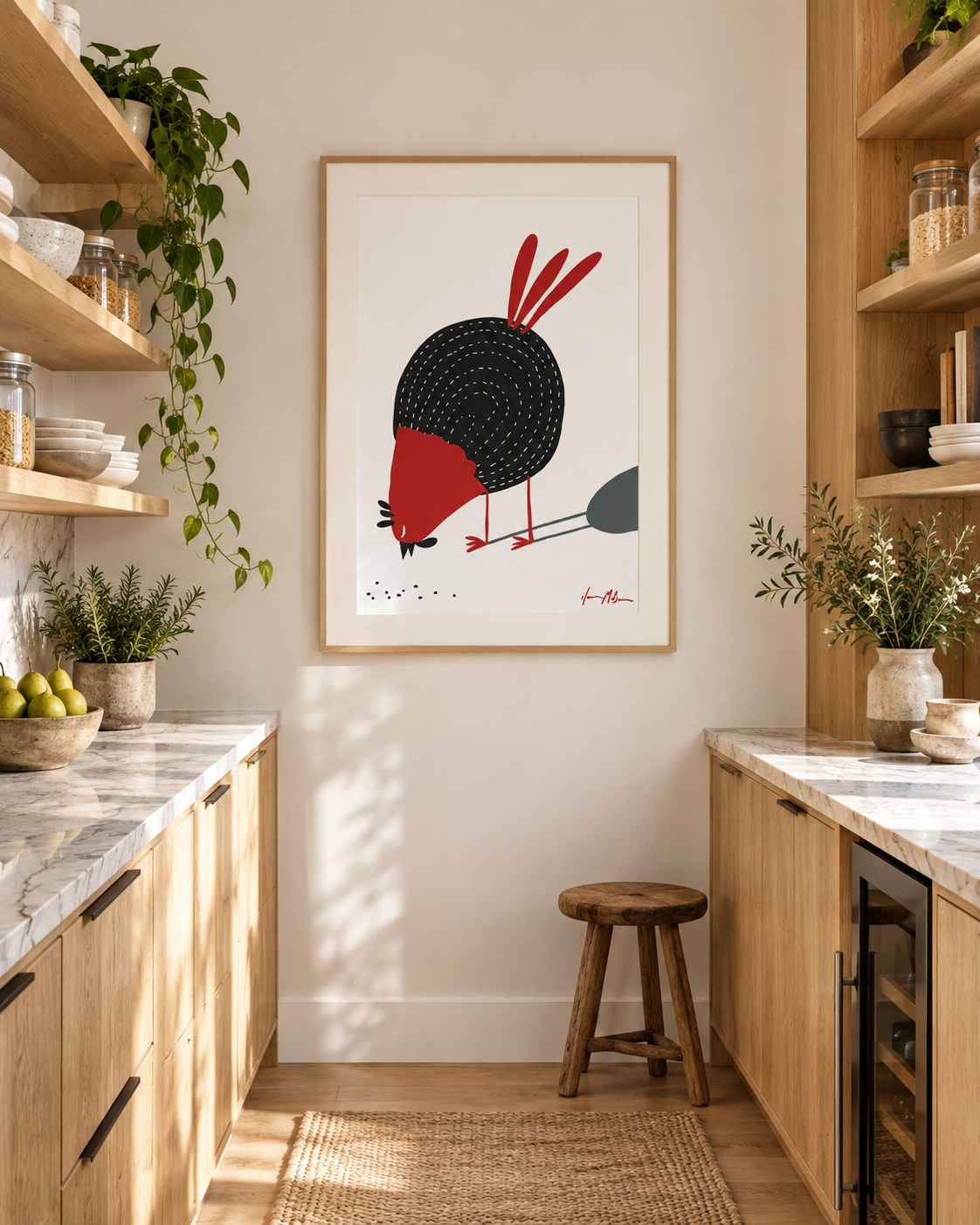 Busy contemporary chicken art print by Ilana McBain styled in a warm modern butler pantry with natural timber shelving, marble benchtops and soft daylight.
