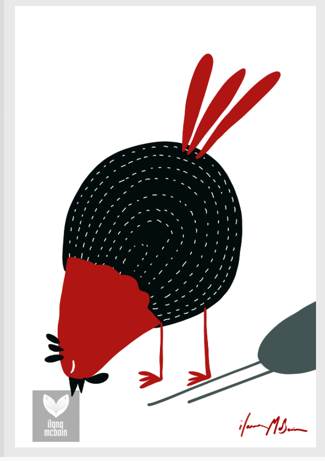 Stylised chicken bending down to peck, titled Busy, contemporary folk art print in a birch frame with white border by Australian artist Ilana McBain.
