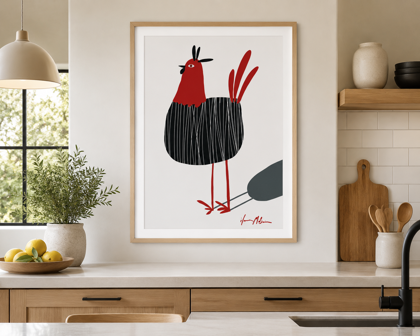Stylised chicken bending down to peck, titled Busy, contemporary folk art print in a birch frame with white border by Australian artist Ilana McBain.