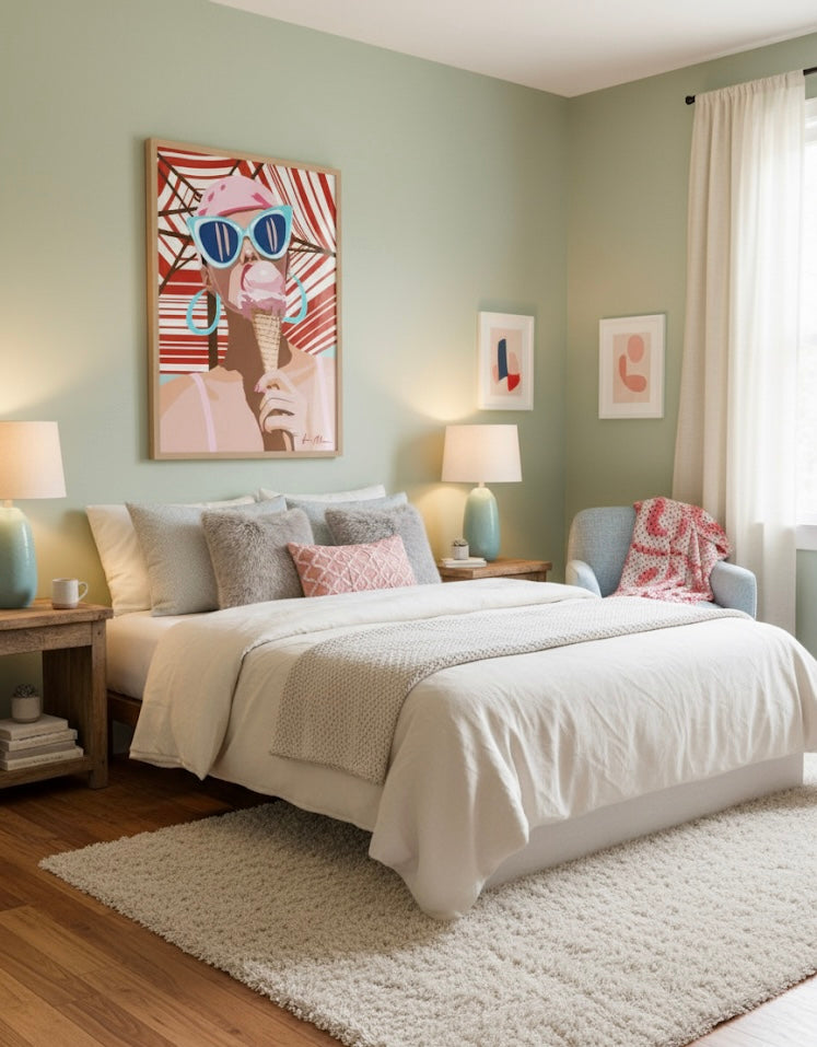 Fine art print of a girl wearing retro sunglasses and eating an ice cream cone against a striped beach umbrella background on a bedroom wall.