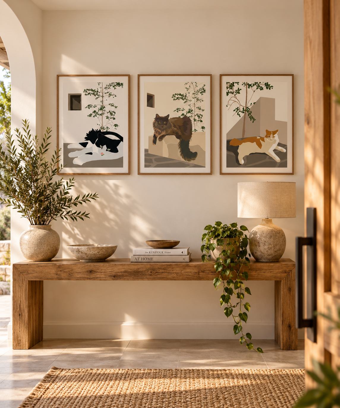 Three contemporary cat art prints by Ilana McBain displayed in a warm modern entryway above a timber console table.