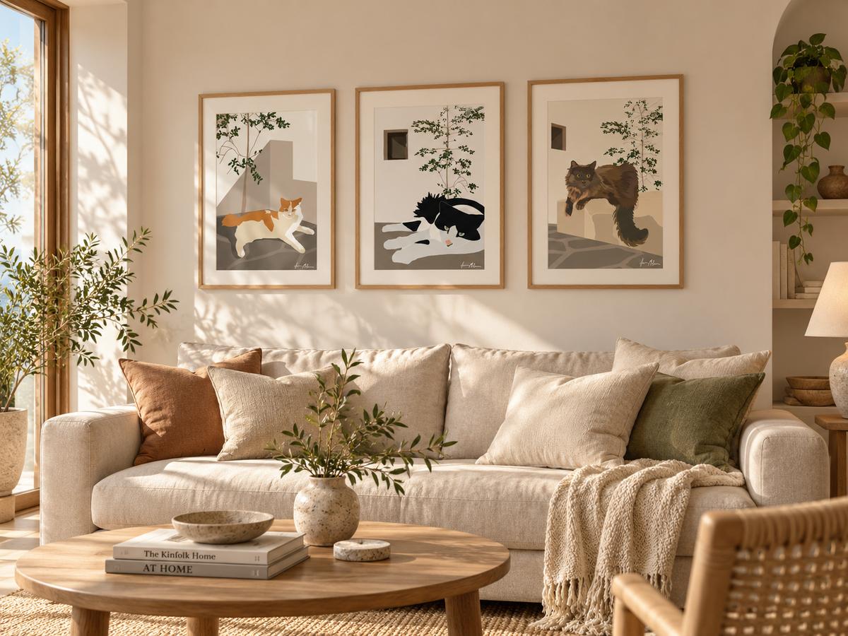 Three contemporary cat art prints by Ilana McBain displayed together above a neutral sofa in a warm modern living room.