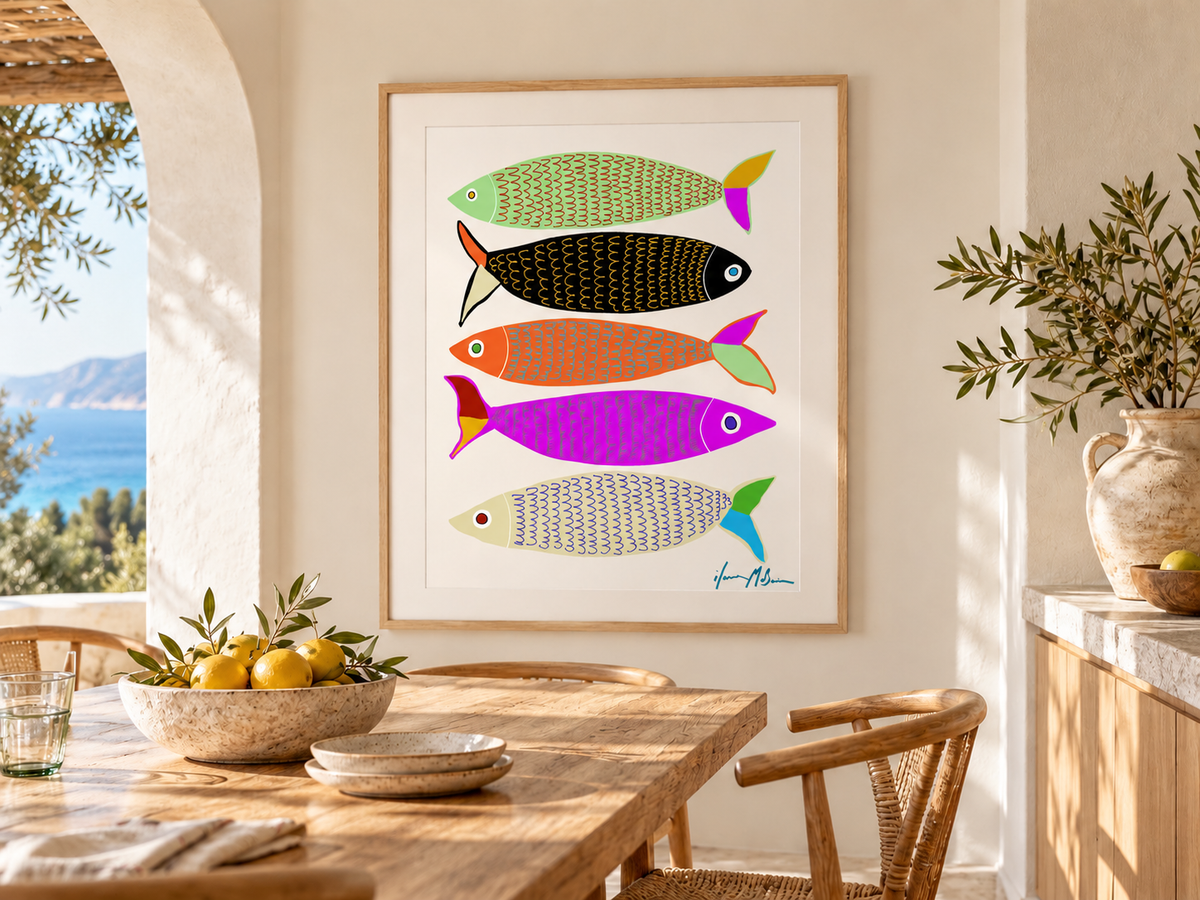 Chic Sardines colourful contemporary fish art print by Ilana McBain displayed in a sunlit modern dining room with natural timber furniture, coastal styling and sea views.