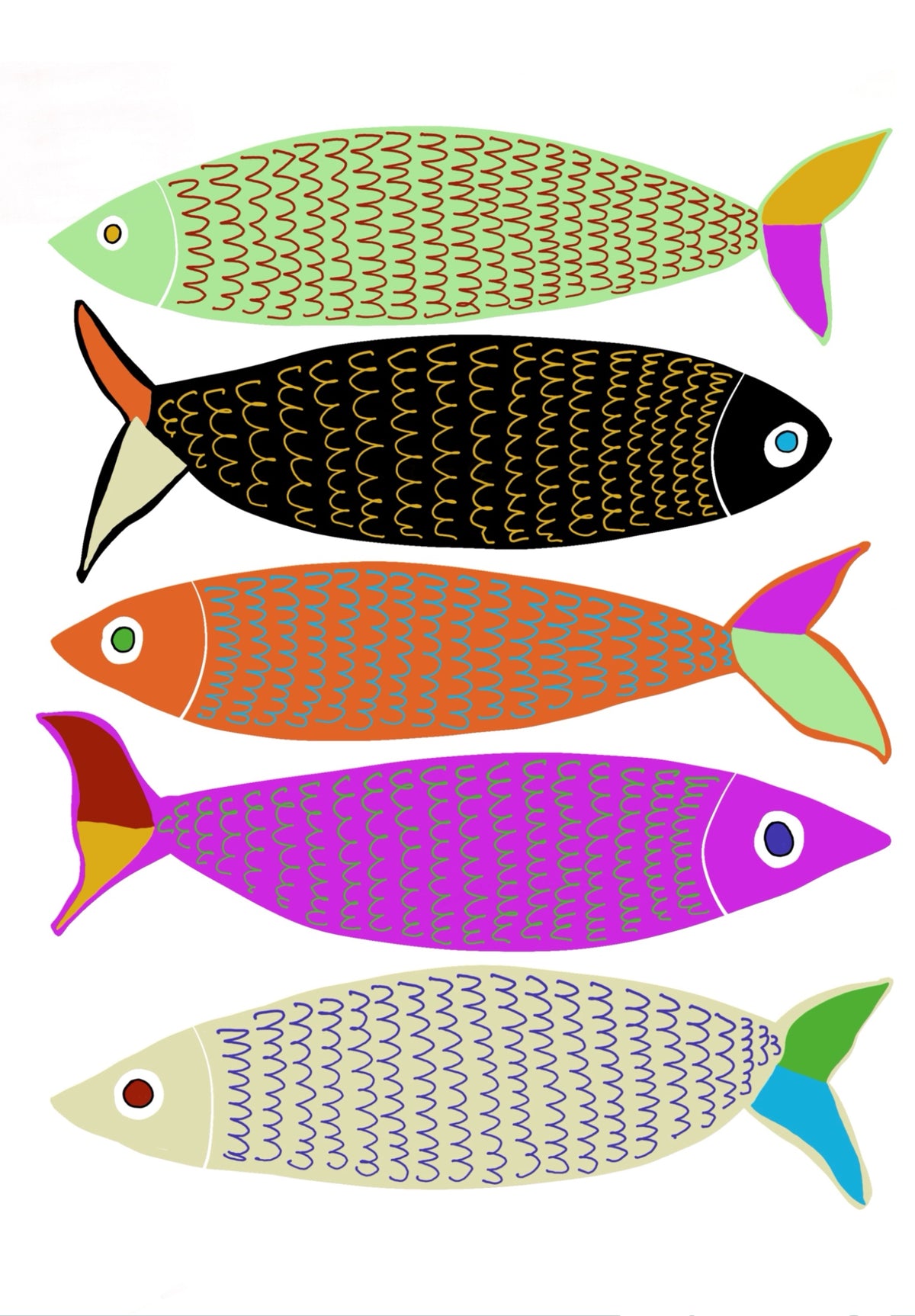 Chic Sardines contemporary sardine art print by Ilana McBain featuring five colourful stylised fish in green, black, orange, magenta and cream on white.