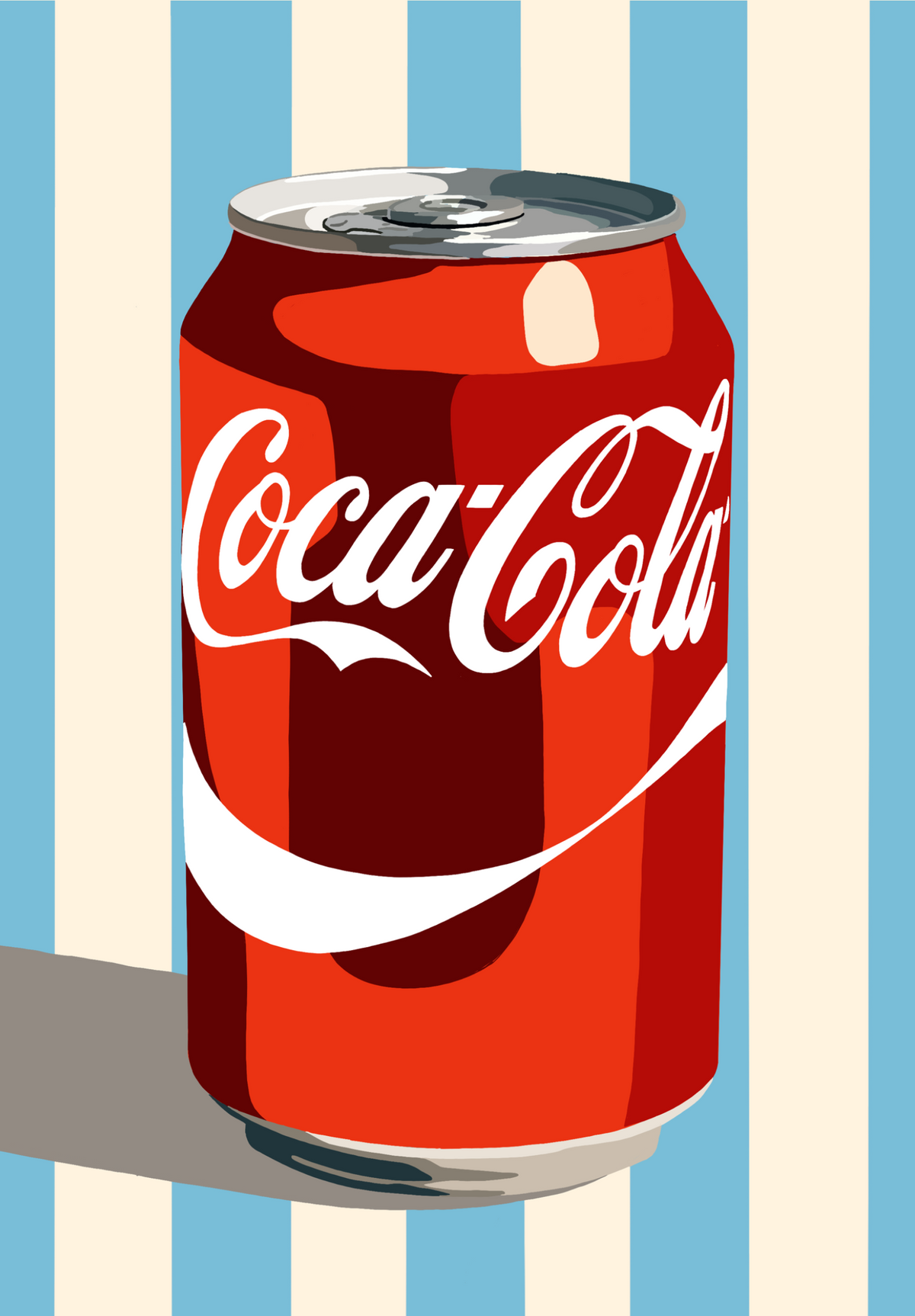 Classic Fizz blue and cream retro cola pop art print by Ilana McBain featuring a bold red cola can against vertical sky blue and cream stripes.