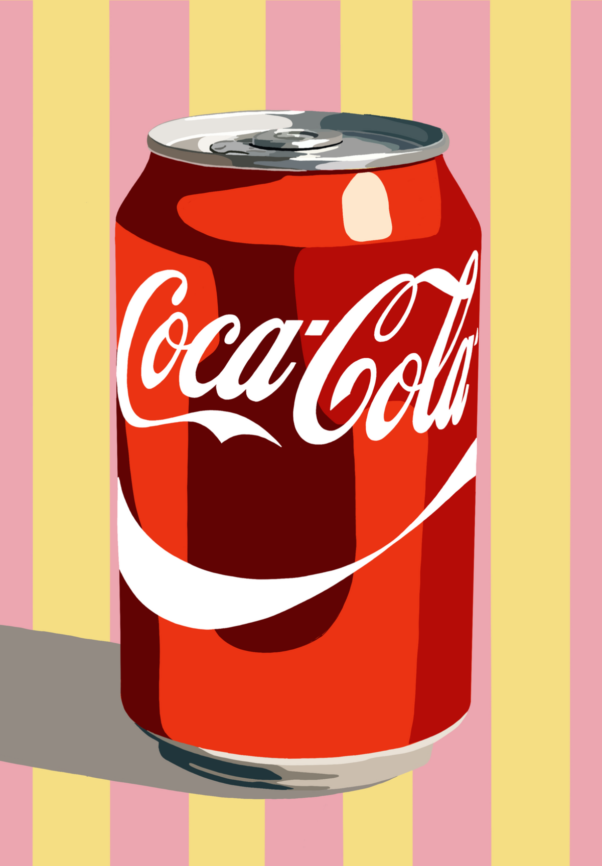 Classic Fizz pink and yellow retro cola pop art print by Ilana McBain featuring a bold red cola can against vertical pastel pink and butter yellow stripes.