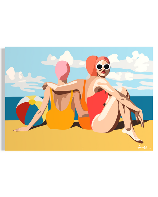 Coastal pop art painting of two women at the beach in vibrant modern style by Ilana McBain