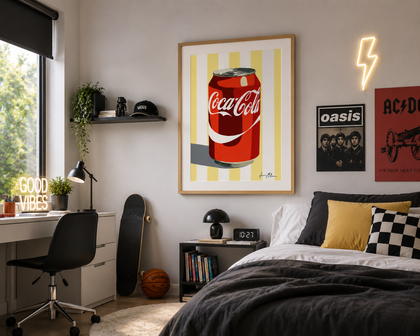 Cool teenage bedroom featuring a framed Coca-Cola pop art print by Ilana McBain, styled with modern décor, skateboard, neon lighting and contemporary furnishings.