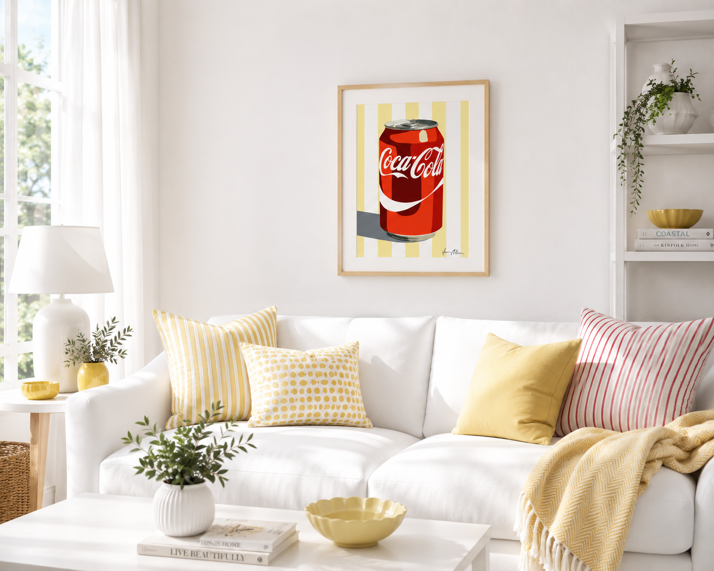 Modern interior featuring a framed Coca-Cola pop art print by Australian artist Ilana McBain, styled above a white sofa with yellow décor accents.