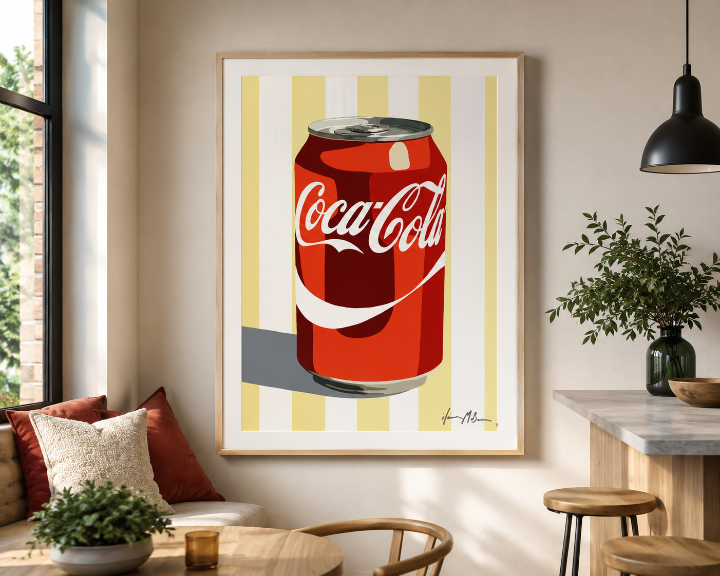 Contemporary Coca-Cola can wall art in a bright modern kitchen featuring a large birch-framed print by Australian artist Ilana McBain.