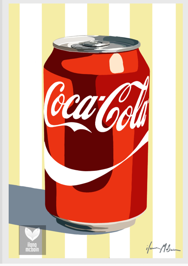 Contemporary pop art painting of a red Coca-Cola can with striped background by Australian artist Ilana McBain.