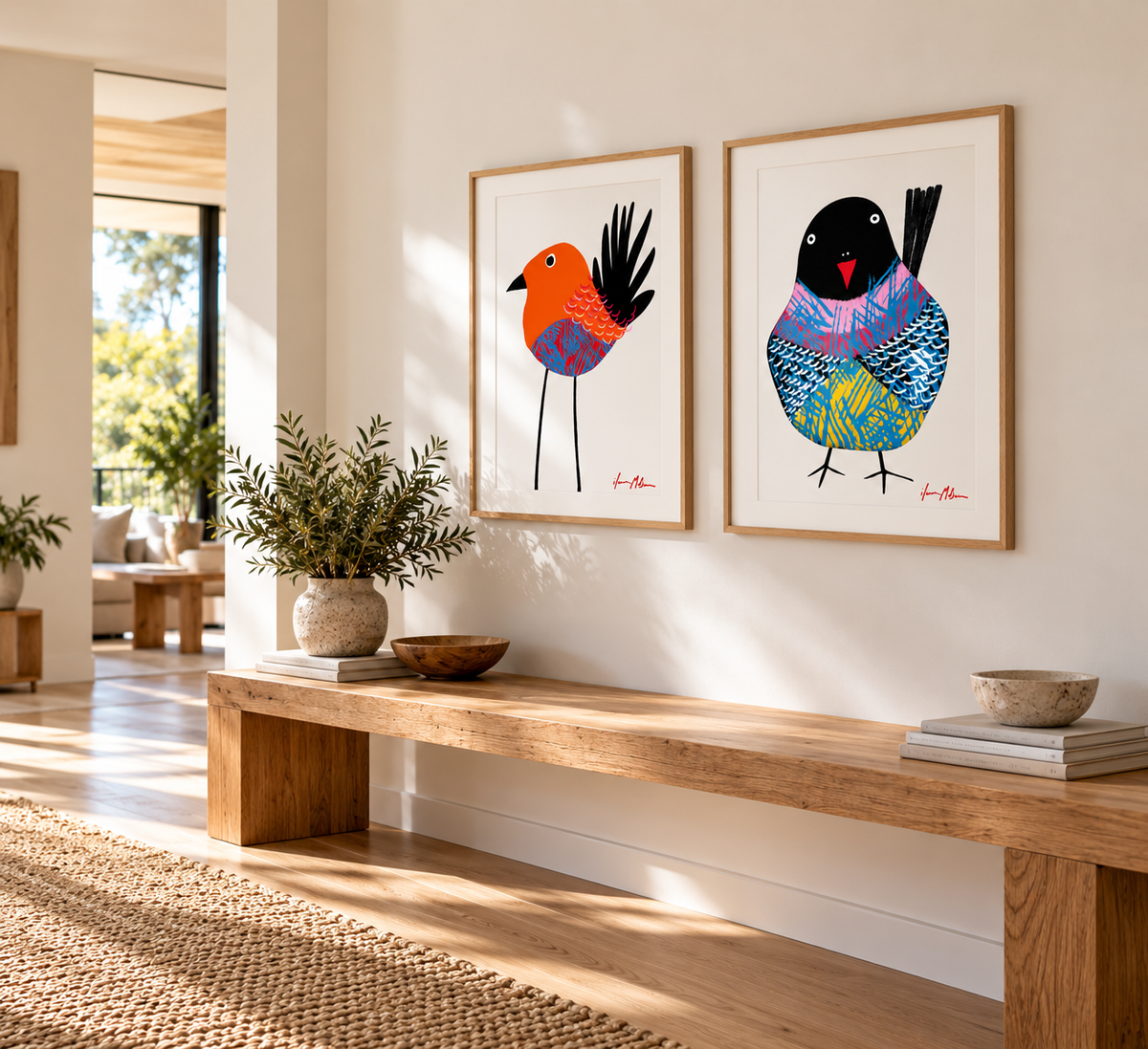 Two colourful contemporary bird art prints by Ilana McBain displayed side by side in natural timber frames in a modern hallway.