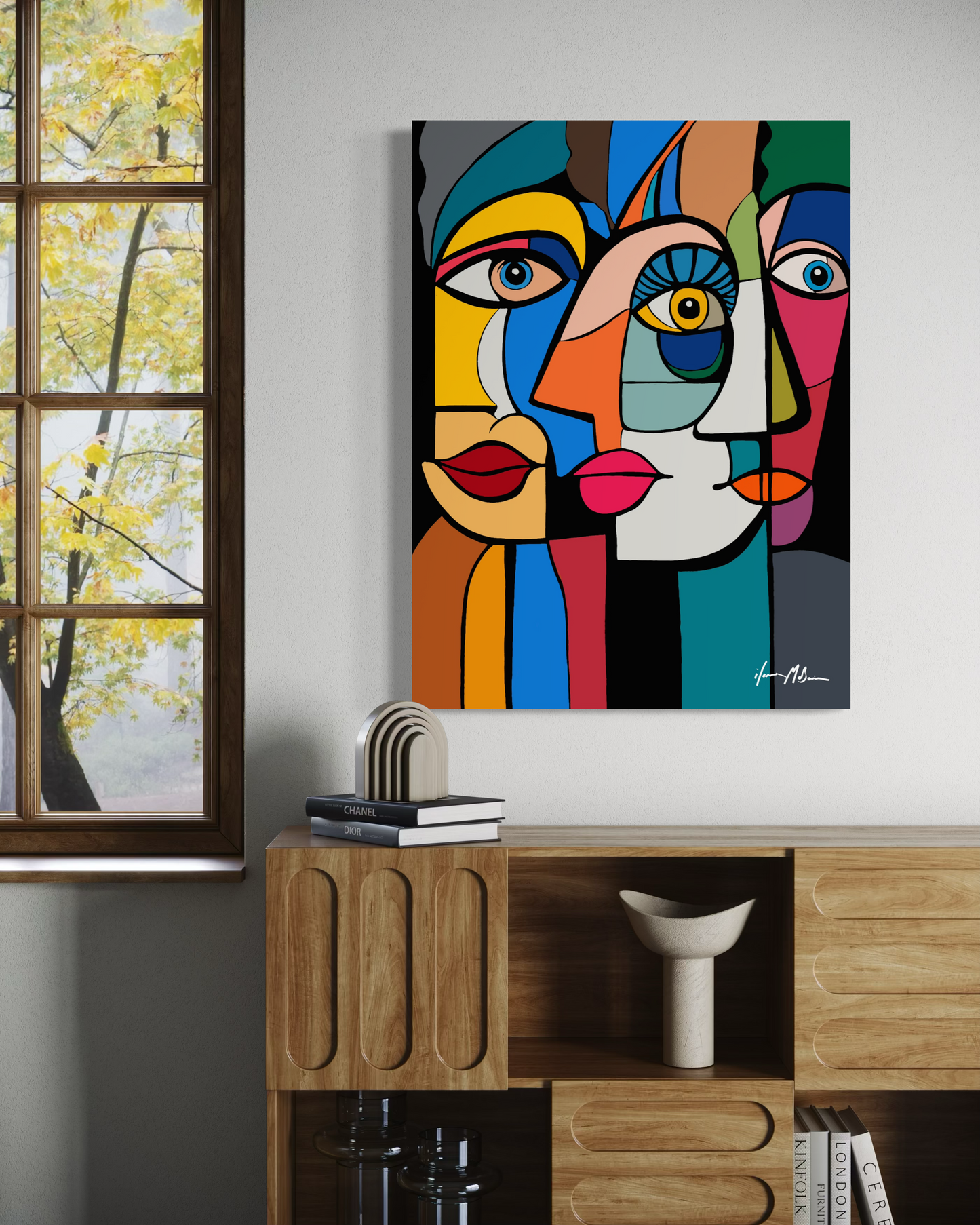 Large contemporary abstract figurative artwork “Connections in Forms” by Ilana McBain displayed in modern interior mock-up, organic shapes exploring human connection.