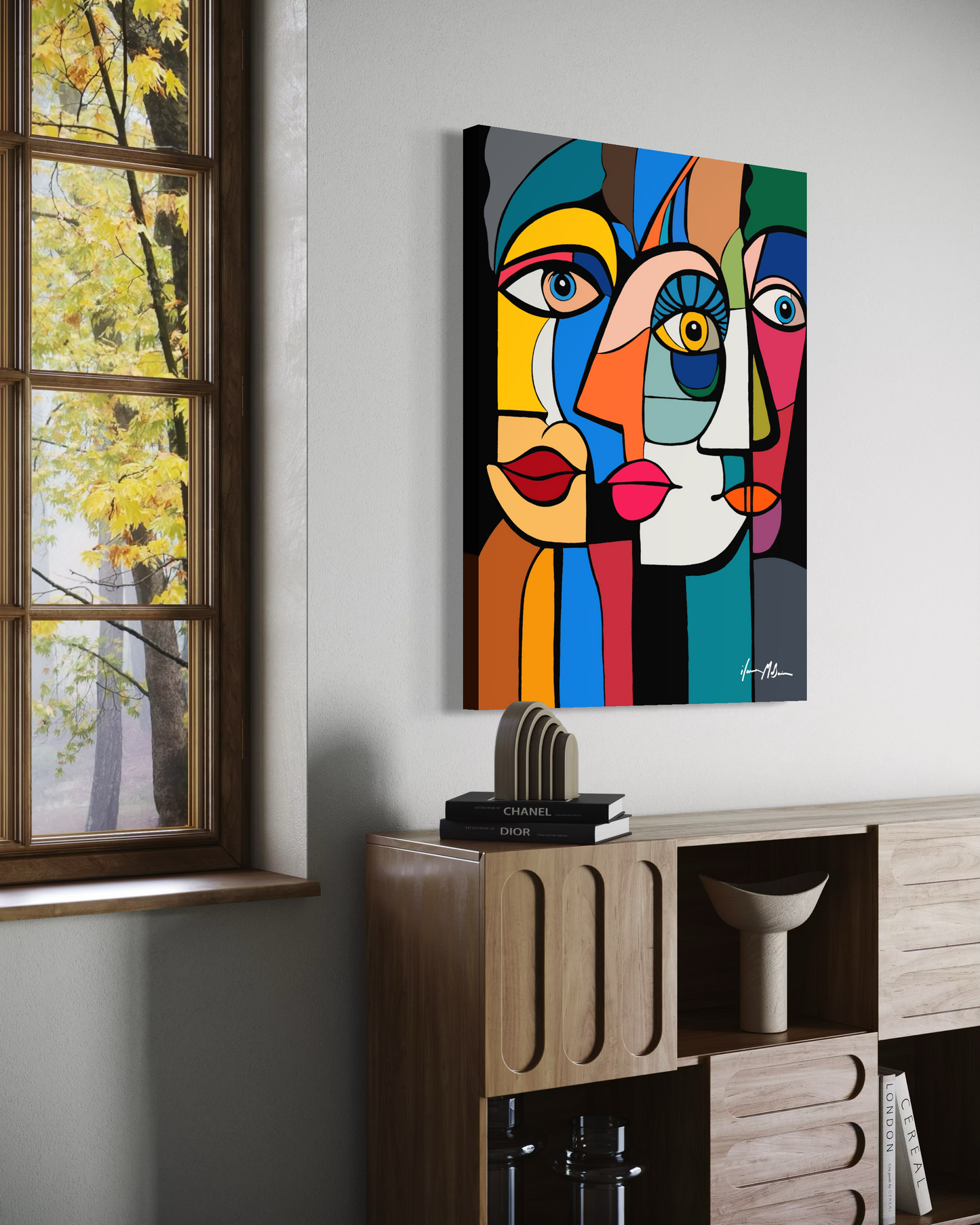 Large contemporary abstract figurative artwork “Connections in Forms” by Ilana McBain displayed in modern interior mock-up, organic shapes exploring human connection. Side view.