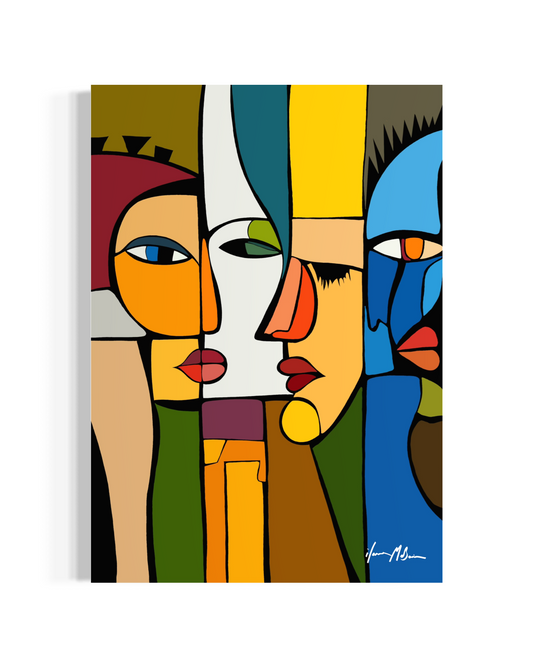 Contemporary abstract pop art painting of divided faces representing duality and identity
