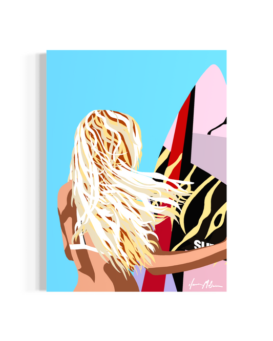Contemporary coastal pop art painting of a blonde surfer with board in bold graphic style