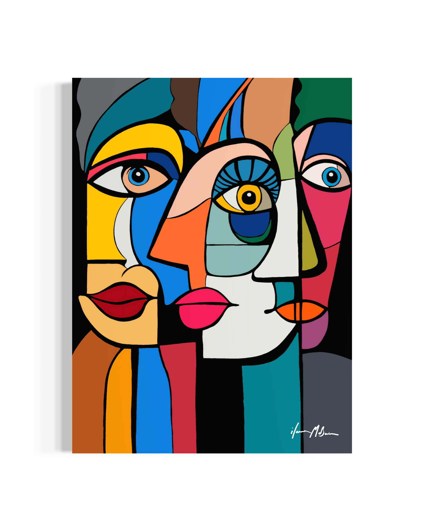 Contemporary pop art painting of layered abstract faces exploring human connection
