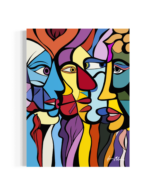 Contemporary pop art painting of intertwined abstract faces in bold colours by Ilana McBain