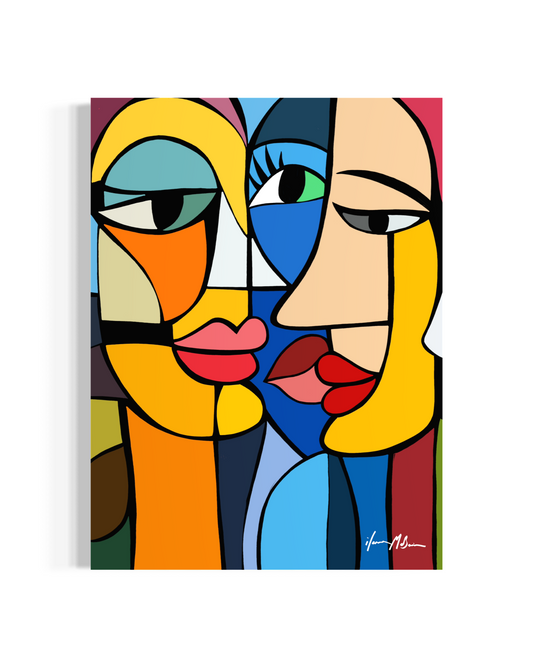 Contemporary pop art painting of two faces in quiet connection with bold graphic colour
