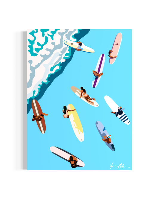 Contemporary surf art painting of ocean waves and surfers in bold pop art style by Ilana McBain