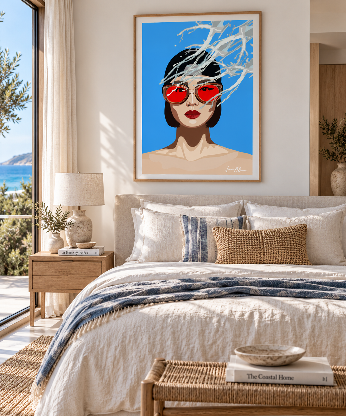 Crimson Perspective contemporary portrait artwork by Ilana McBain displayed in a light modern coastal bedroom.
