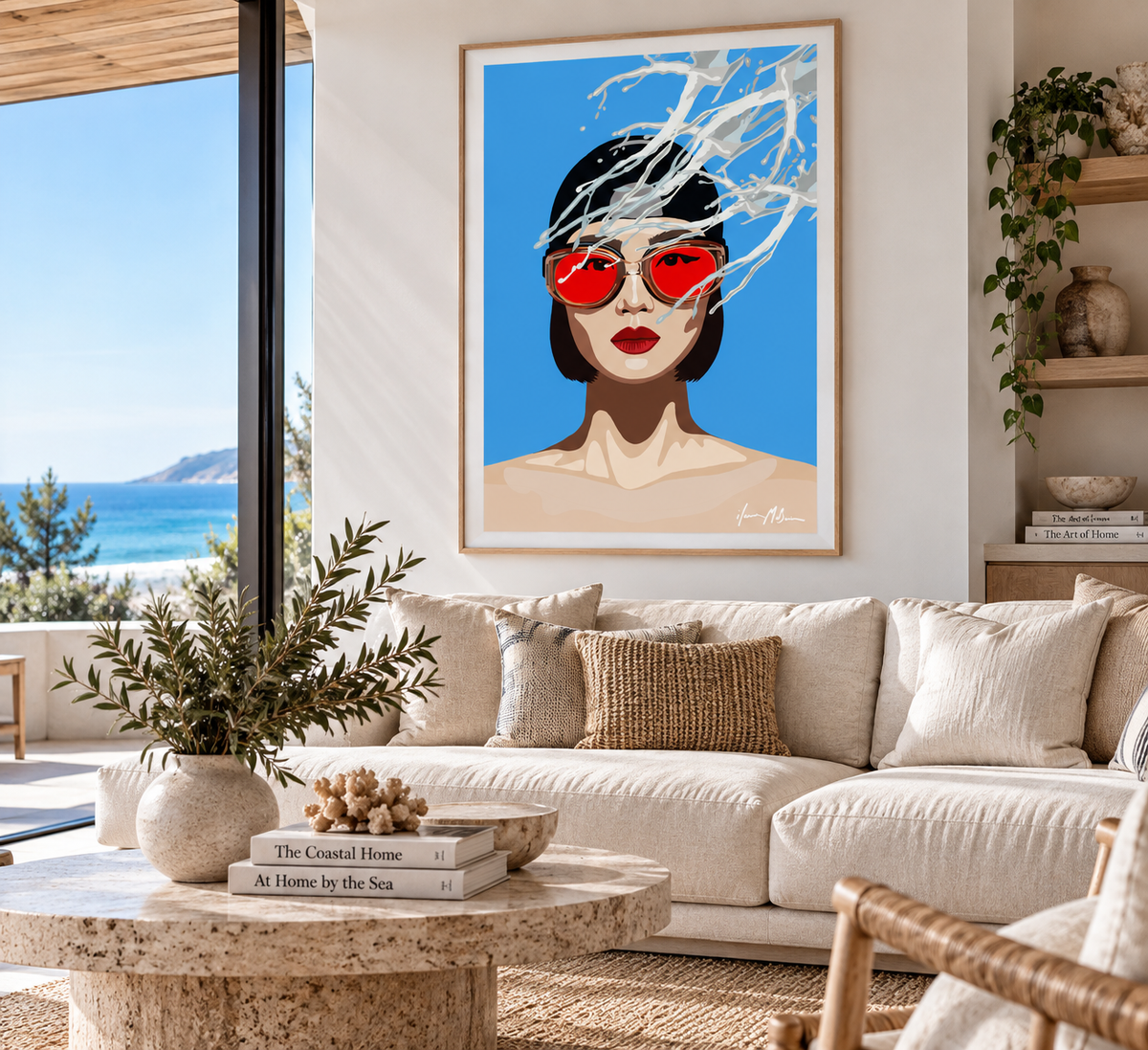 Crimson Perspective contemporary portrait art by Ilana McBain displayed in a bright coastal living room.