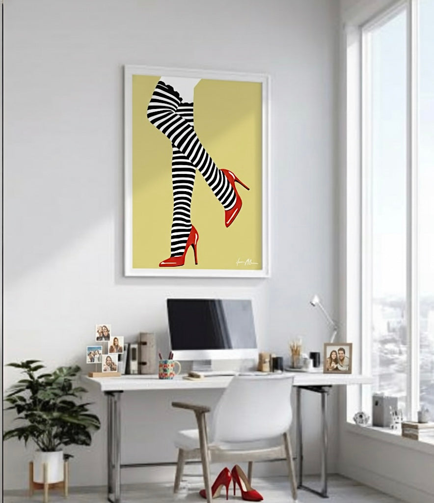 Art print of black and white striped stockings with red high heels on a golden yellow background in an office.