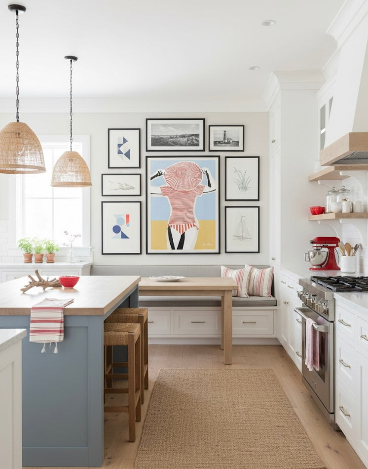 A gallery including an art print Illustration of a woman wearing a red and white striped swimsuit with a matching large hat against a blue sky and sand background on a retro flat wall.