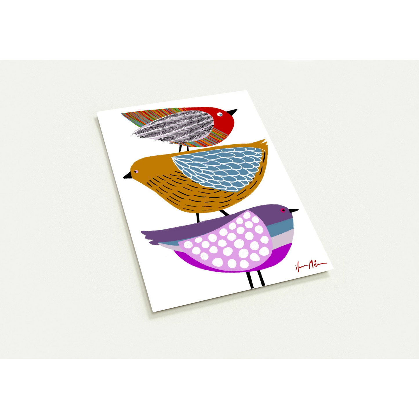 A postcards with three colourful birds stacked on top of each other. 