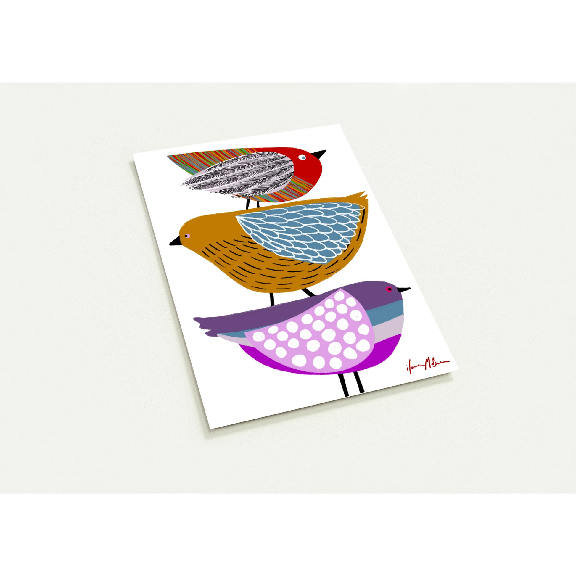 A postcards with three colourful birds stacked on top of each other. 