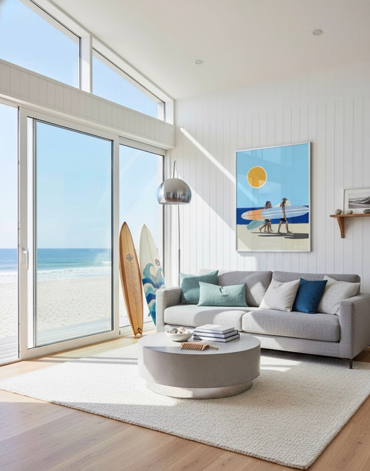 Three men with surfboards walking on a beach under a blue sky with a yellow sun. Large poster on a beach house wall.
