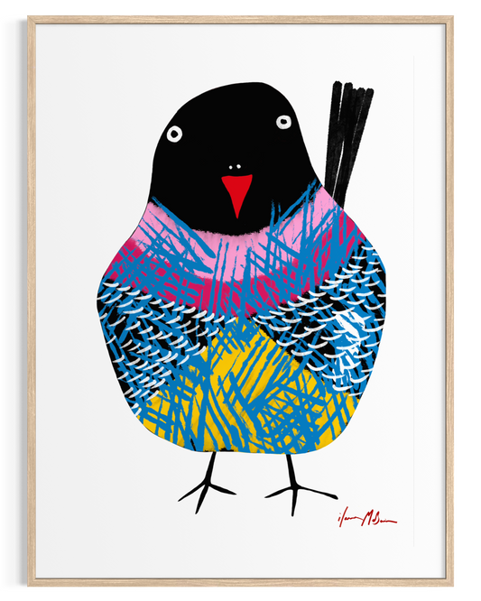 Ethereal Wings artwork by Australian artist Ilana McBain showing a bold stylised bird with expressive layered feather patterns. Contemporary bird art print designed for modern interiors.
