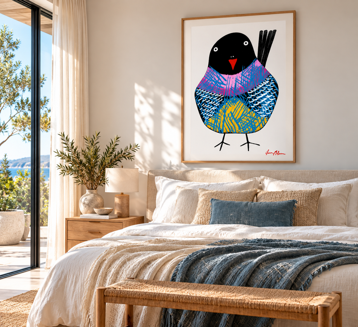 Ethereal Wings contemporary bird art print by Ilana McBain displayed above a bed in a light modern bedroom.