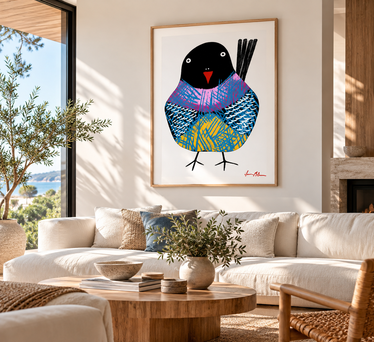 Ethereal Wings colourful bird art print by Ilana McBain displayed in a bright contemporary living room.