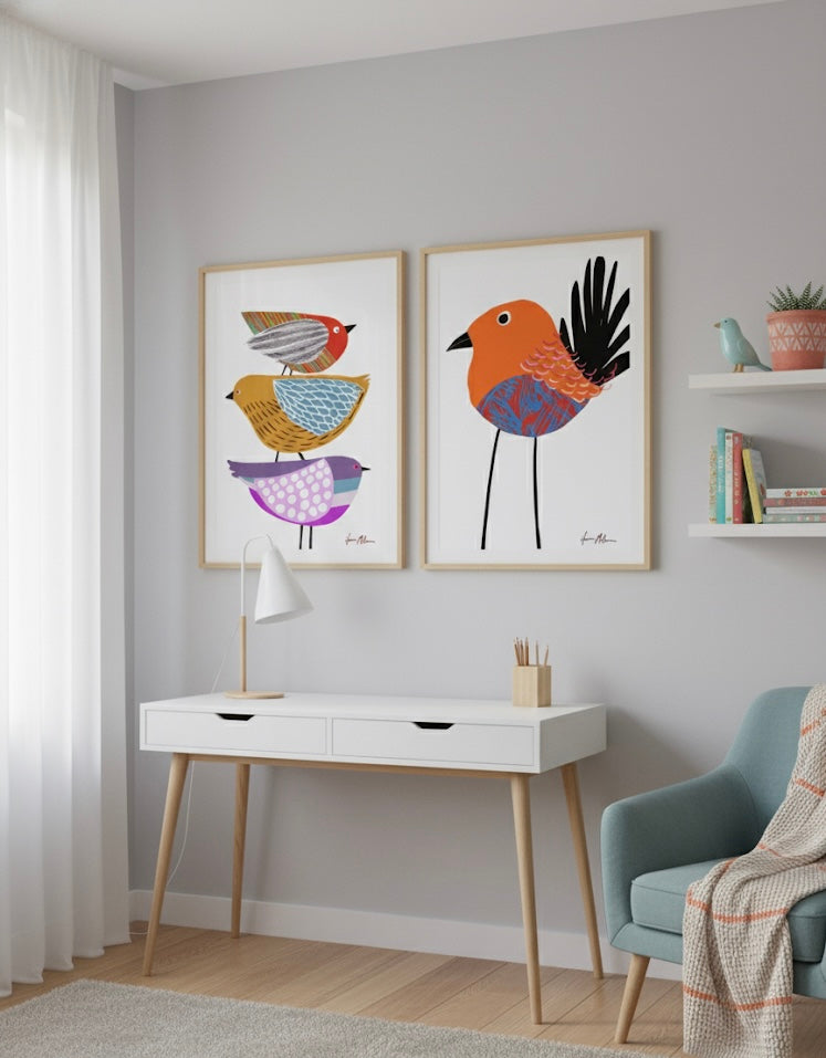 Stack of Birds A Celebration of Balance and Beauty Three stylised birds with colourful patterns on a white background In a home office 