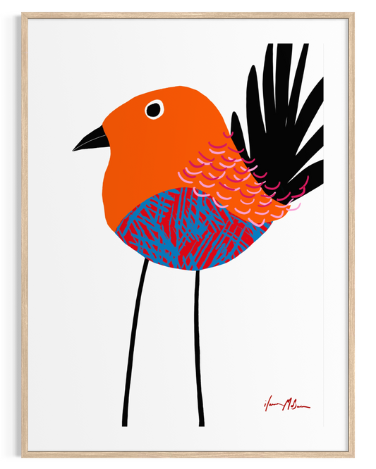 Feathered Serenity contemporary bird artwork by Australian artist Ilana McBain featuring a stylised colourful bird with graphic patterned feathers.