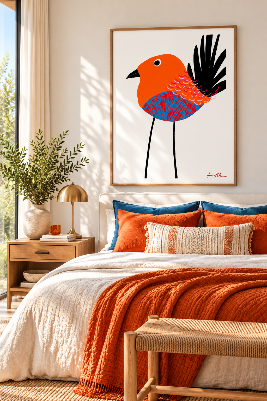 Feathered Serenity colourful bird art print by Ilana McBain displayed above a bed in a bright modern bedroom with warm natural decor.