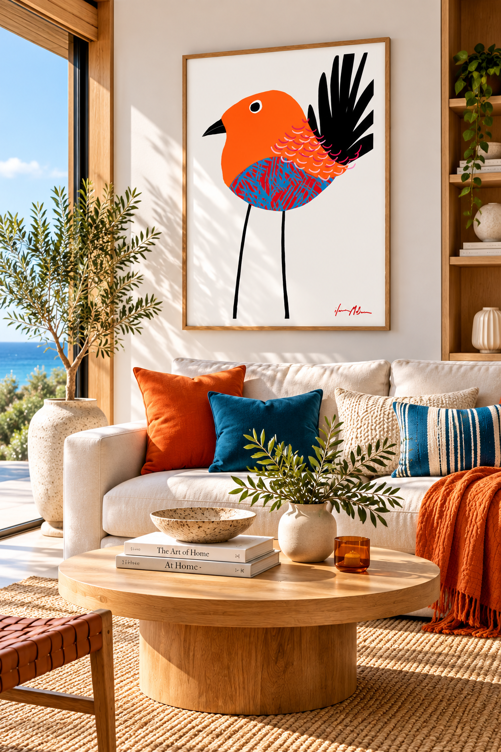 Feathered Serenity colourful bird art print by Ilana McBain displayed in a bright modern living room with natural timber and coastal-inspired decor.