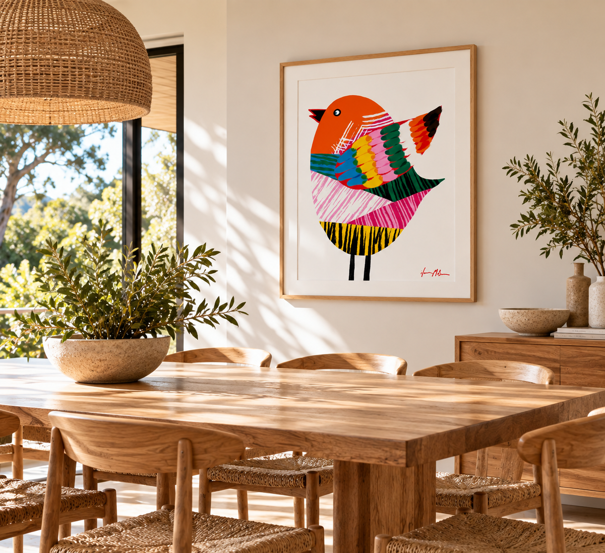 Flap, Snap, and Soar colourful contemporary bird art print in a bright modern dining room with natural timber decor