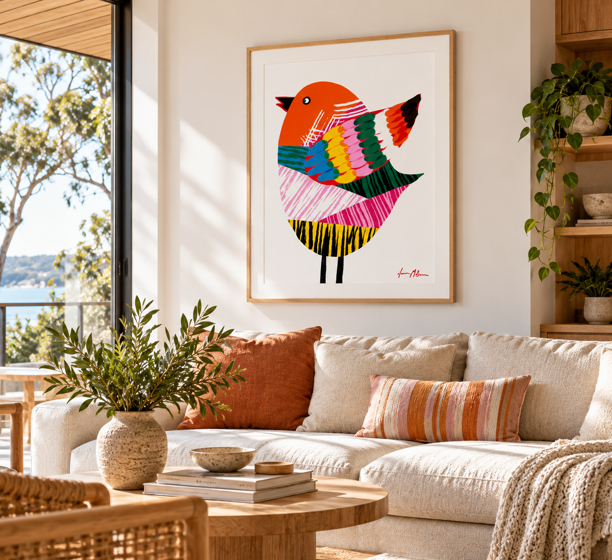 Flap, Snap, and Soar colourful contemporary bird art print in a bright modern living room with natural timber decor