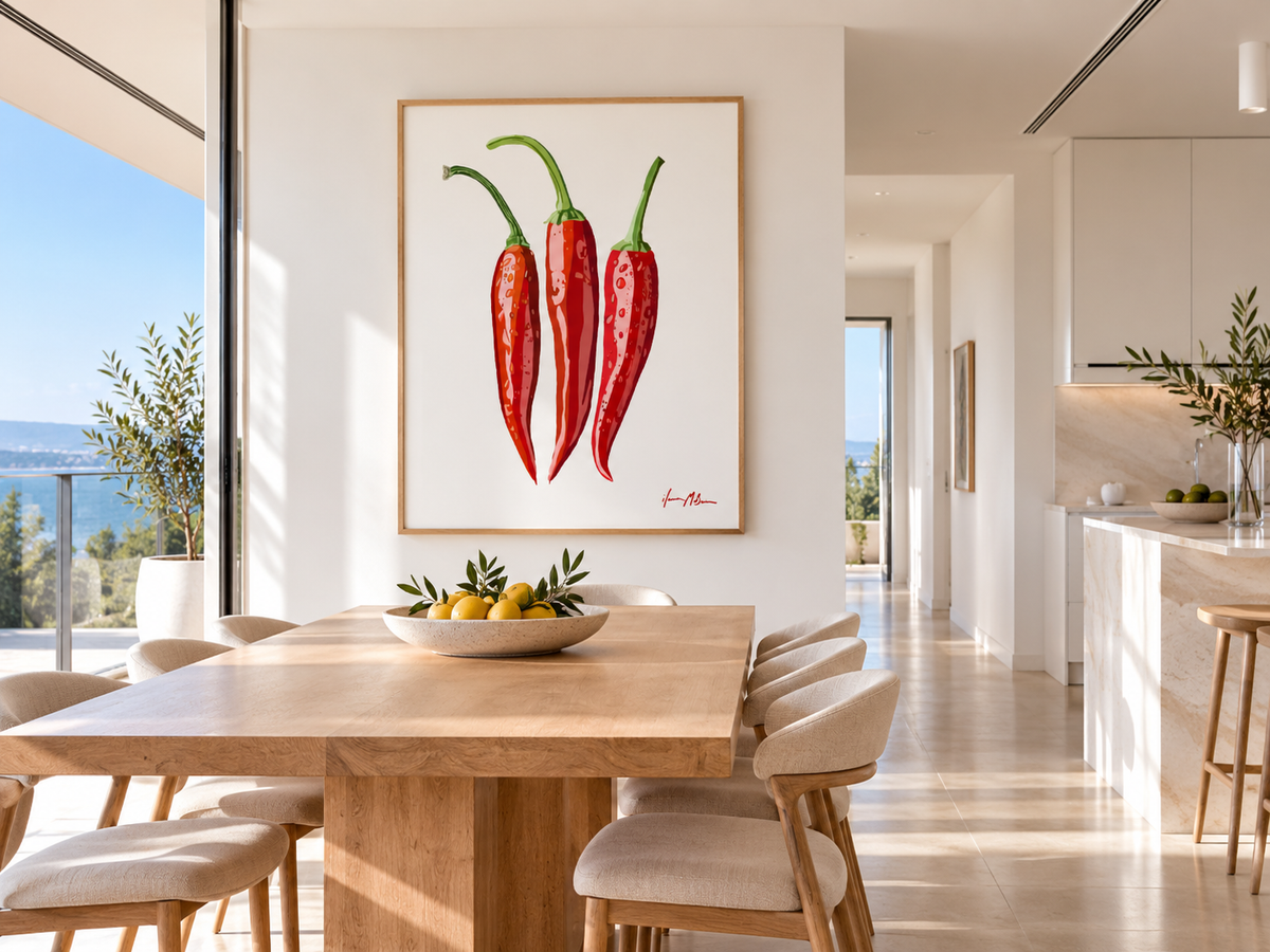 Fresh Heat contemporary chilli art print by Ilana McBain displayed in a minimalist modern dining room with clean white interiors, light timber furniture and coastal views.