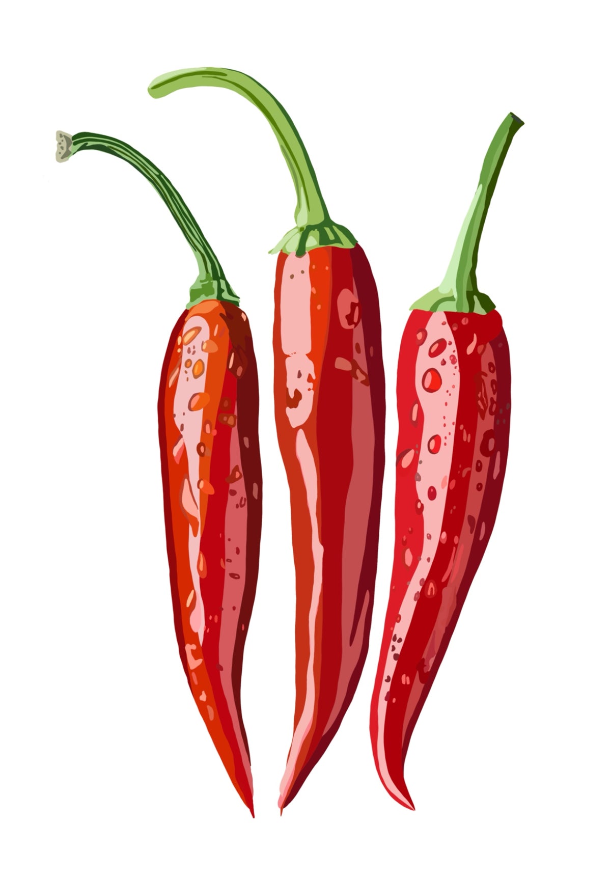Fresh Heat contemporary chilli art print by Ilana McBain featuring three vivid red chillies with fresh green stems on a white background.