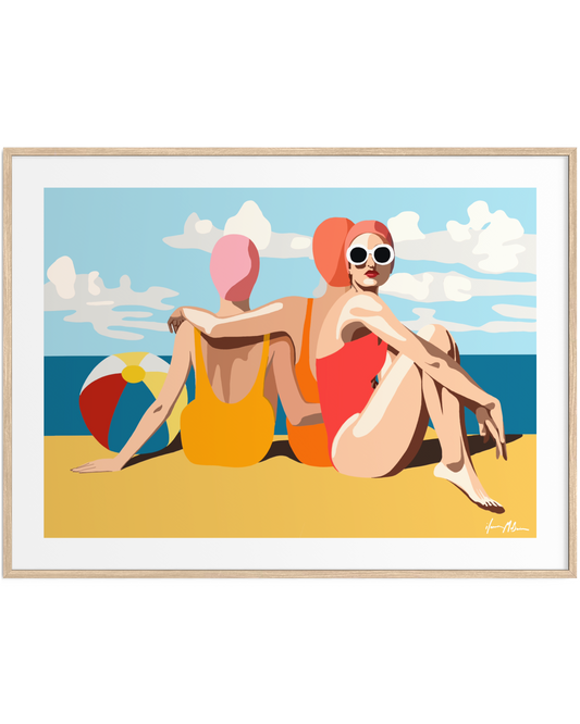 Girlfriends on the Beach artwork by Australian artist Ilana McBain showing two women relaxing together on a sunny seaside beach. Contemporary coastal lifestyle art print inspired by summer, friendship, and beach culture.
