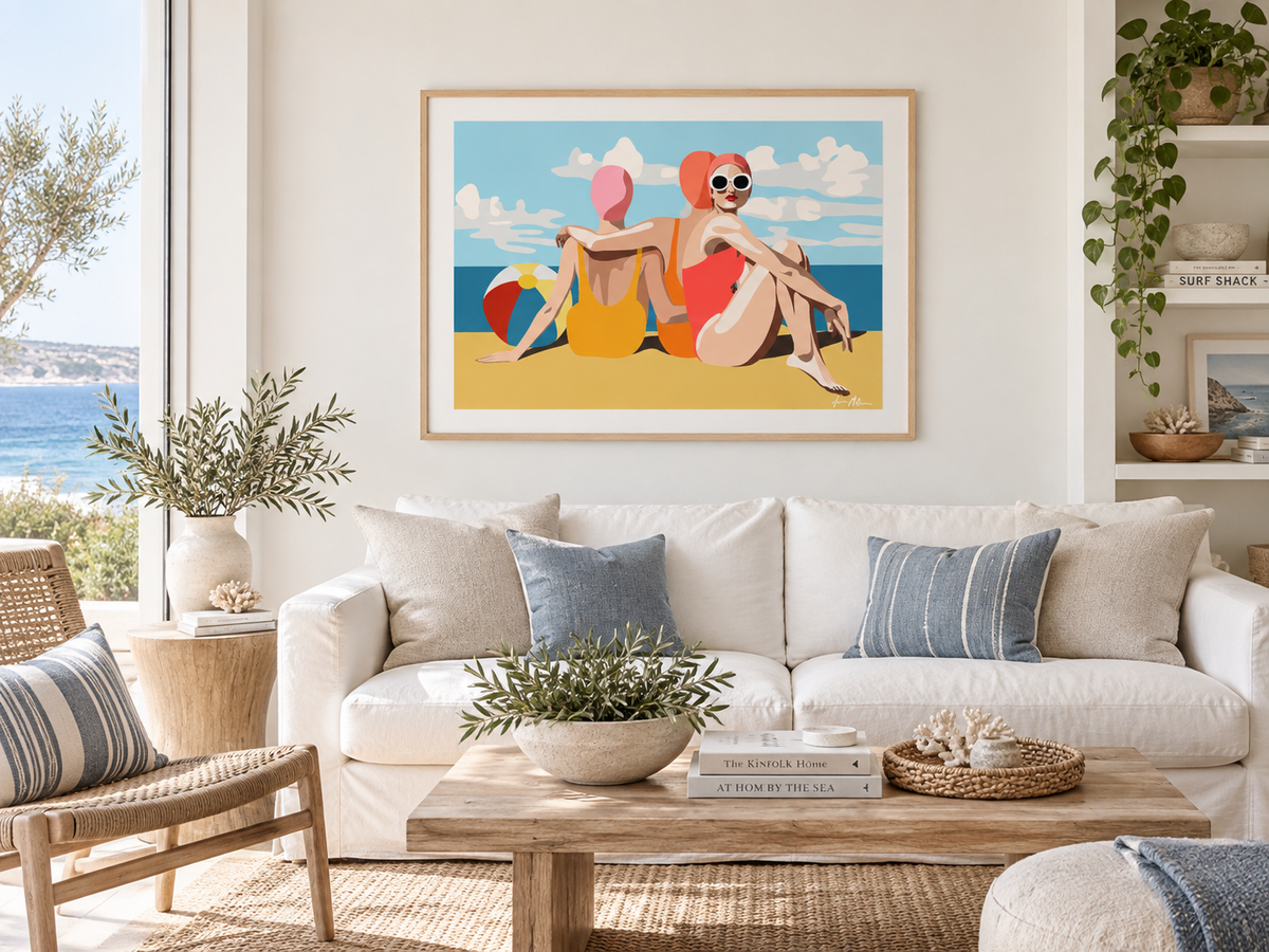 Girlfriends on the Beach contemporary coastal art print by Ilana McBain in a birch frame with white mat board styled in a bright modern coastal living room