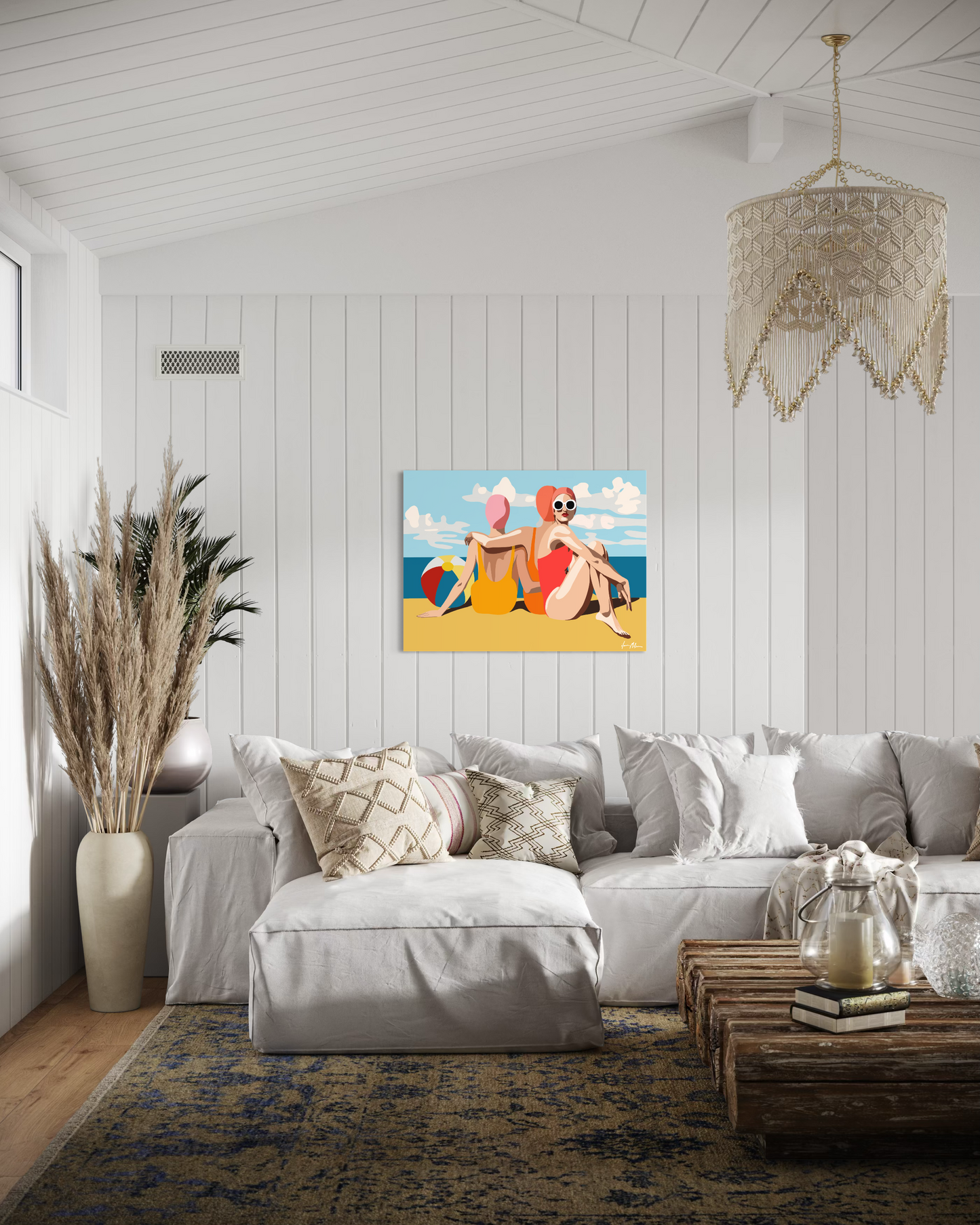 Contemporary beach lifestyle artwork “Girlfriends on the Beach” by Ilana McBain shown in relaxed coastal interior mock-up celebrating friendship and seaside culture.

