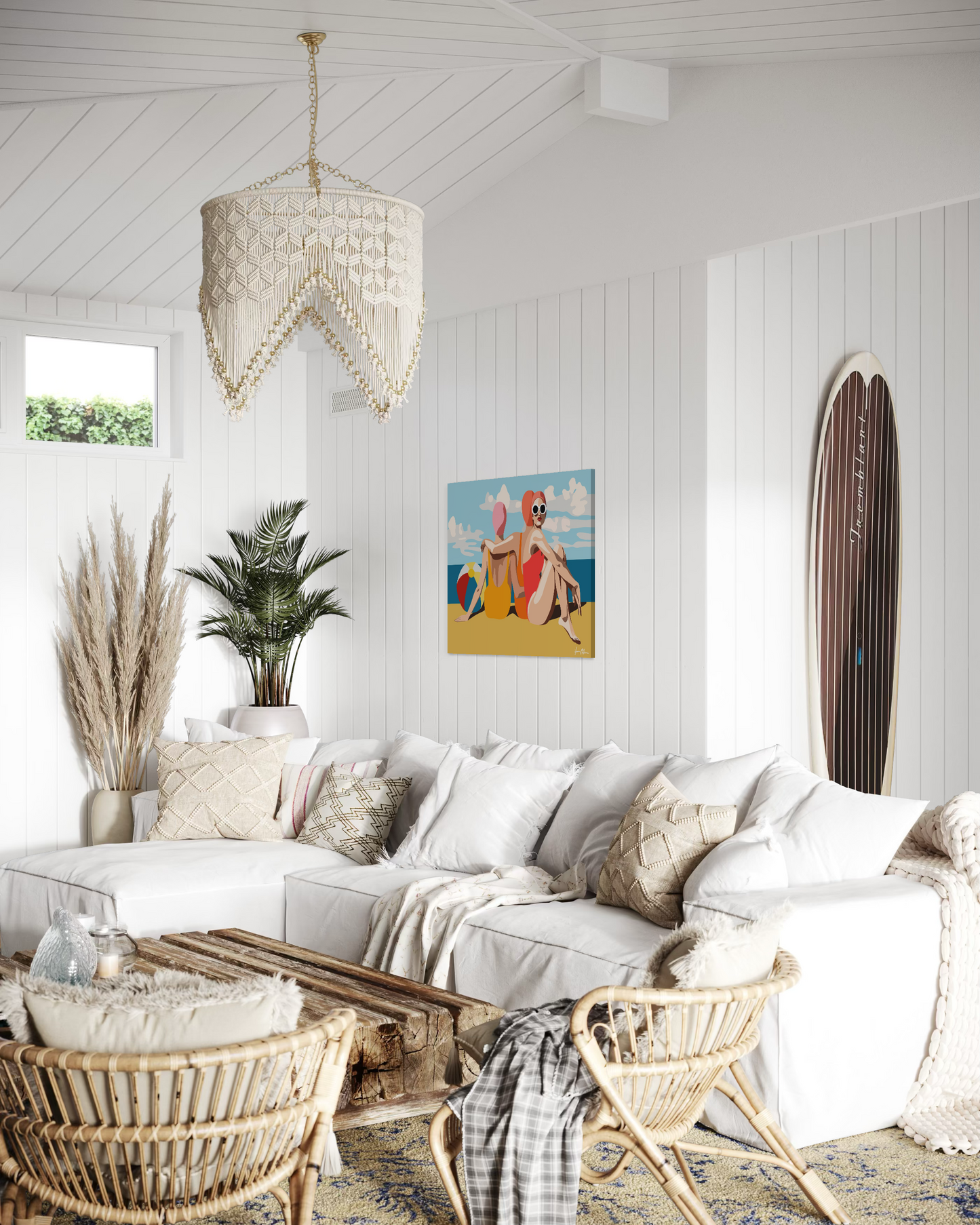 Contemporary beach lifestyle artwork “Girlfriends on the Beach” by Ilana McBain shown in relaxed coastal interior mock-up celebrating friendship and seaside culture.
Side view.