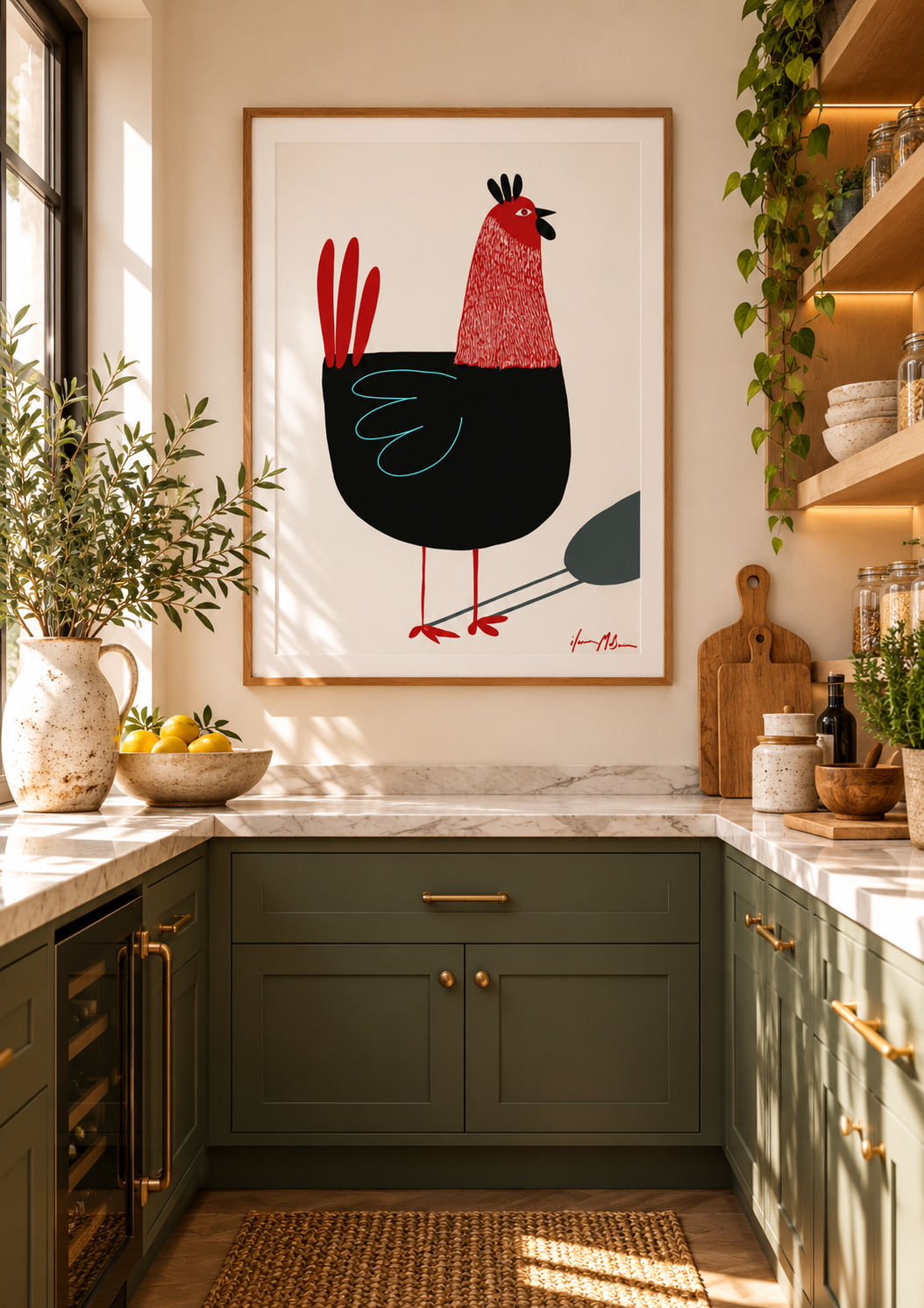 Grouch modern chicken art print in a natural timber frame, styled in a warm contemporary butler pantry.