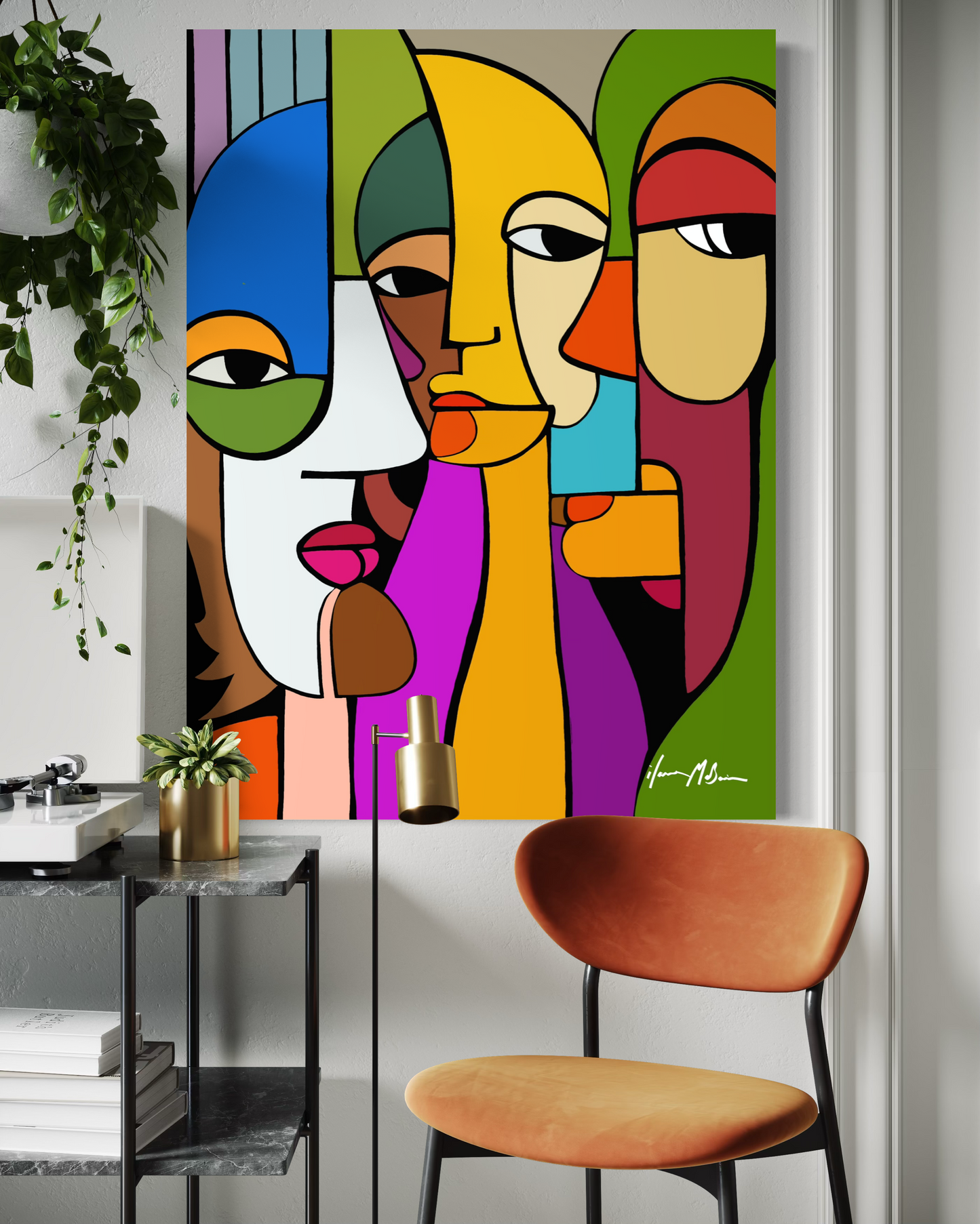 Large modern abstract figurative artwork “Held Gaze” by Ilana McBain displayed in contemporary living space mock-up highlighting emotional tension and connection.