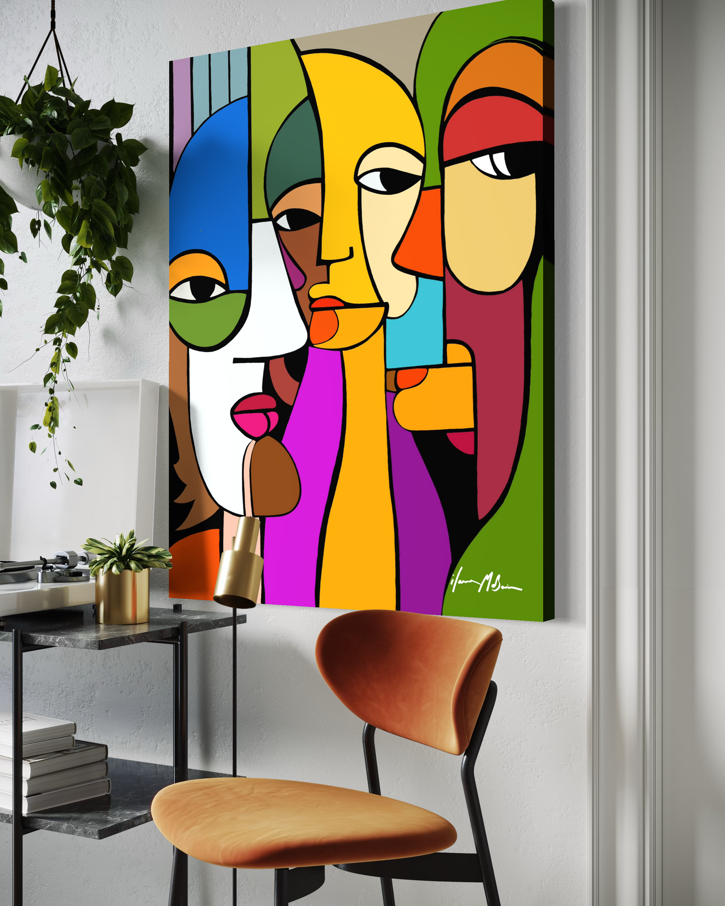 Large modern abstract figurative artwork “Held Gaze” by Ilana McBain displayed in contemporary living space mock-up highlighting emotional tension and connection.